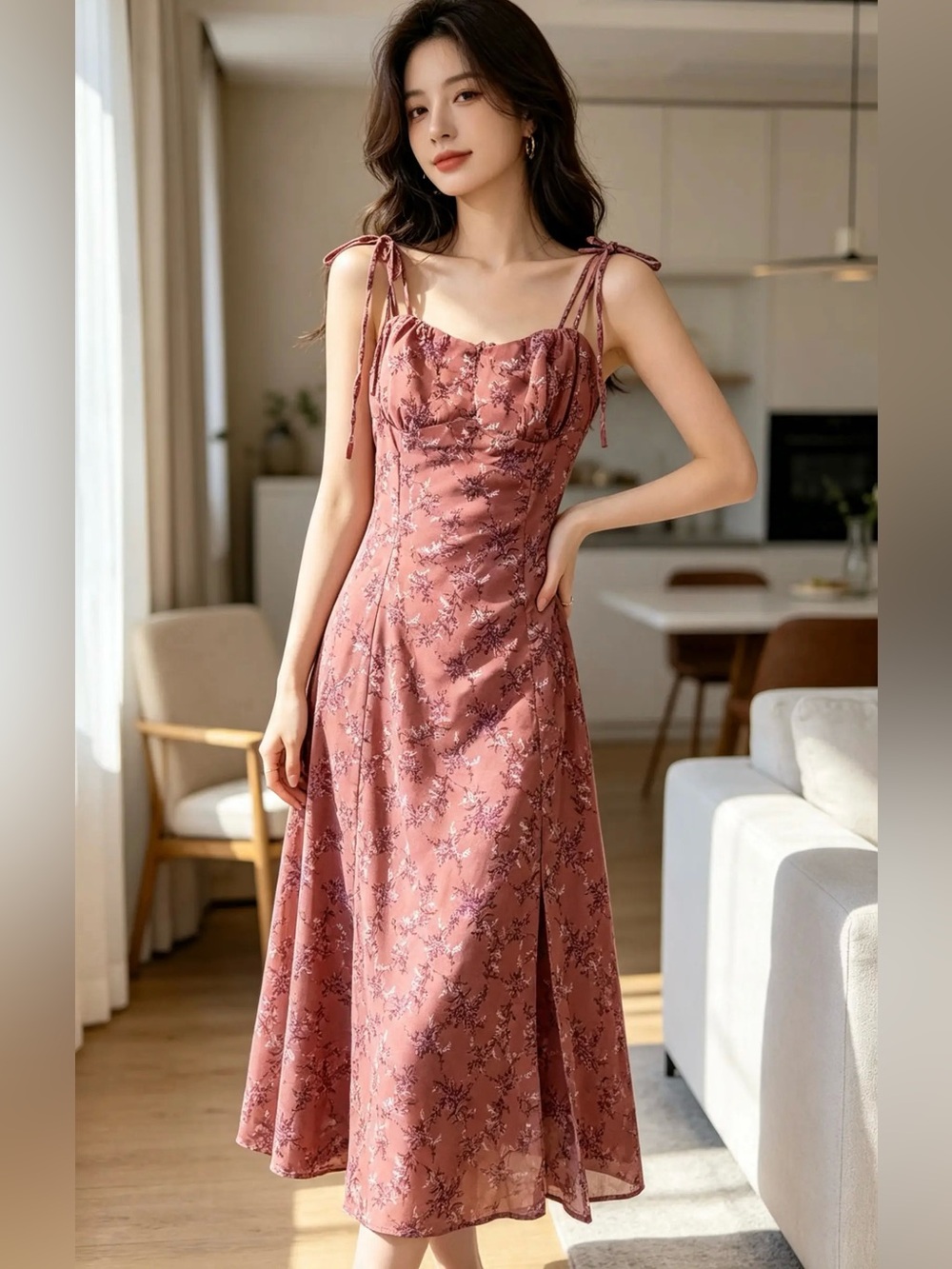 Elegant Rose-Pink Floral Midi Dress with Tie Straps